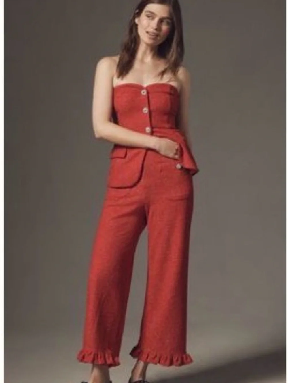 Women Red Knit Two-Piece Set - Strapless top and cropped pants Brand: maeve